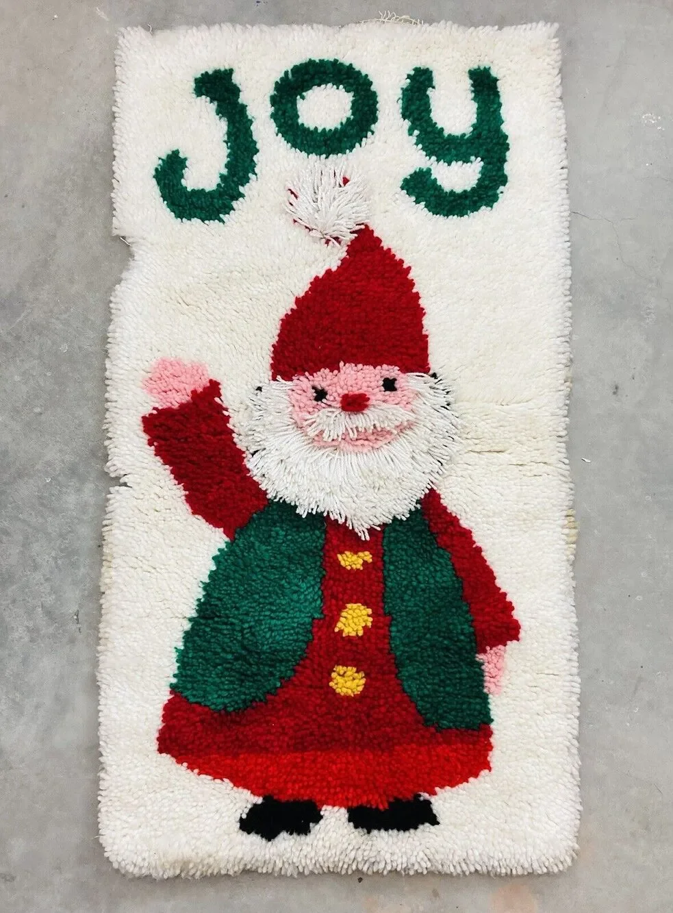 Vintage Christmas Latch Hook Rug Santa Joy Fluffy Beard Large Retro Completed